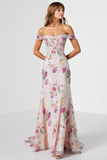 Sparkly Light Pink Off the Shoulder Floral Maxi Prom Dress