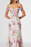 Sparkly Light Pink Off the Shoulder Floral Maxi Prom Dress