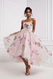 Sparkly Light Pink Strapless Floral A Line Long Prom Dress