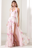 Sparkly Light Pink A Line Halter Floral Long Prom Dress with Slit