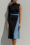 Dusty Blue Bodycon High Neck Midi Work Dress