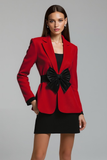 Red Black Notched Lapel Formal Blazer with Bow