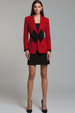 Red Black Notched Lapel Formal Blazer with Bow