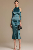 Peacock Blue Satin Round Neck Midi Formal Dress with Sleeves