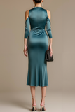 Peacock Blue Satin Round Neck Midi Formal Dress with Sleeves