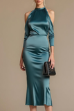 Peacock Blue Satin Round Neck Midi Formal Dress with Sleeves