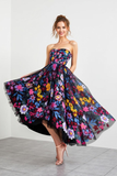 Black A Line Floral Strapless Maxi Prom Dress