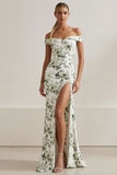 White Mermaid Off the Shoulder Long Floral Prom Dress with Slit