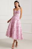 Pink Spaghetti Straps Appliqued Corset Floral Midi Prom Dress