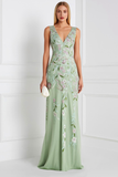 Light Green V Neck Appliqued Sheath Long Floral Prom Dress