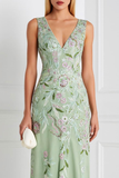 Light Green V Neck Appliqued Sheath Long Floral Prom Dress