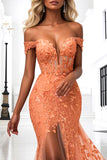 Orange Floral Mermaid Corset Long Prom Dress with Slit