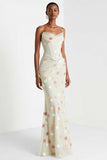 White Mermaid Corset Maxi Floral Prom Dress with Appliques