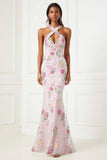 Sparkly Pink Mermaid Floral Long Prom Dress with Keyhole