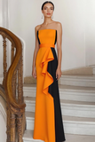 Orange Black Patchwork Strapless Long Formal Dress with Drape