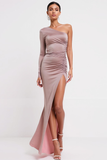 Blush Pink Ruched Satin One Shoulder Long Evening Dress with Slit