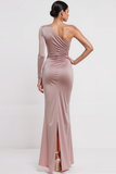 Blush Pink Ruched Satin One Shoulder Long Evening Dress with Slit