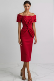 Red Sheath Off the Shoulder Midi Evening Dress