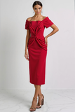 Red Sheath Off the Shoulder Midi Evening Dress