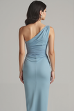 Dusty Blue One Shoulder Ruched High Low Evening Dress