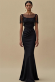 Black Mermaid Bateau Neck Ruched Long Formal Dress