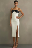 White Strapless Sheath Midi Formal Dress with Slit