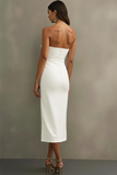 White Strapless Sheath Midi Formal Dress with Slit
