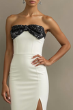 White Strapless Sheath Midi Formal Dress with Slit