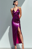 Dark Purple Halter Backless Metallic Long Gala Dress with Slit
