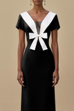 Black White Sheath Deep V-Neck Long Formal Dress with Bow