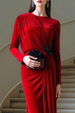 Red Ruched Velvet Round Neck Long Holiday Party Dress with Sleeves