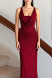 Burgundy Cowl Neck Flowy Chiffon Maxi Evening Dress