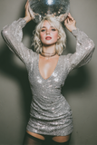Sparkly Silver Sequin Bodycon Short Cocktail Dress with Sleeves
