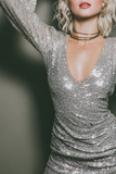 Sparkly Silver Sequin Bodycon Short Cocktail Dress with Sleeves