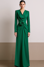 Green Long Sheath V-Neck Formal Dress with Flower