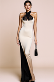 Ivory Black Patchwork Satin Halter Maxi Evening Dress