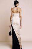Ivory Black Patchwork Satin Halter Maxi Evening Dress