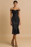 Sparkly Black Sequin Mermaid Off the Shoulder Midi Gala Dress