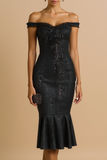 Sparkly Black Sequin Mermaid Off the Shoulder Midi Gala Dress