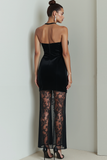 Black Halter Sheath Maxi Evening Dress with Lace