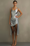 Silver Metallic Scoop Neck Bodycon Drape Short Cocktail Dress