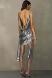 Silver Metallic Scoop Neck Bodycon Drape Short Cocktail Dress