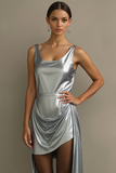 Silver Metallic Scoop Neck Bodycon Drape Short Cocktail Dress