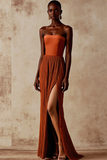Terracotta Strapless Sheath Pleated Long Formal Dress with Slit