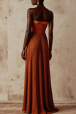 Terracotta Strapless Sheath Pleated Long Formal Dress with Slit