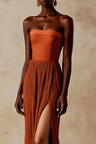 Terracotta Strapless Sheath Pleated Long Formal Dress with Slit