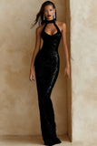 Sparkly Sequin Champagne Halter Long Gala Dress