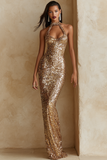 Sparkly Sequin Champagne Halter Long Gala Dress