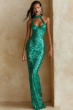 Sparkly Sequin Champagne Halter Long Gala Dress