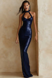 Sparkly Sequin Champagne Halter Long Gala Dress